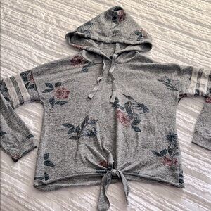 Pink Rose Floral Gray Hooded Tie-Front Top
